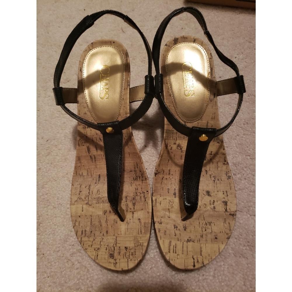 Chaps black and cork sandaled heels